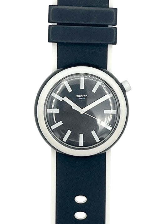 Swatch Swiss wrist watch with a black strap, black dial, and silver-tone case on a white background.