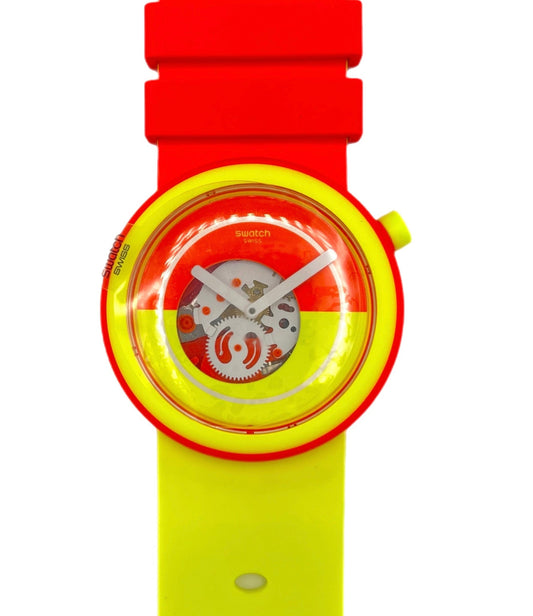 Watch with a red strap and yellow case on a white background
