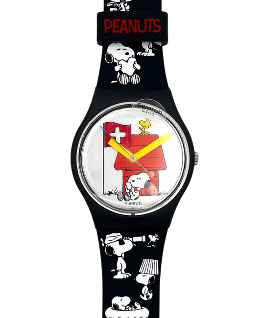 Watch with Peanuts character design on a black strap