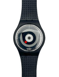Black Swatch watch with a unique face design on a white background