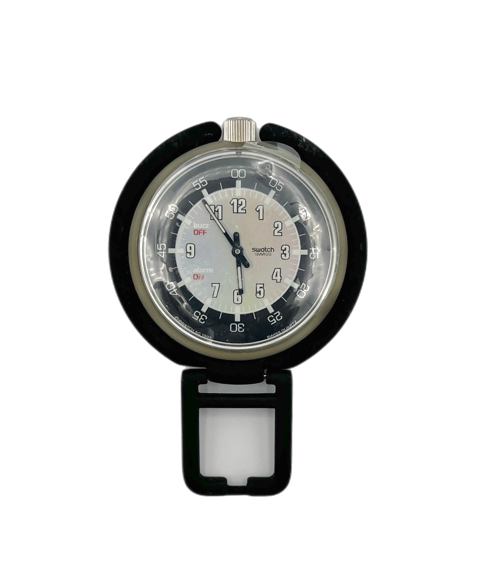 Black and silver clock with a white face on a white background