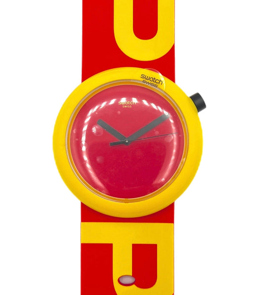 Watch with a red and yellow strap on a white background