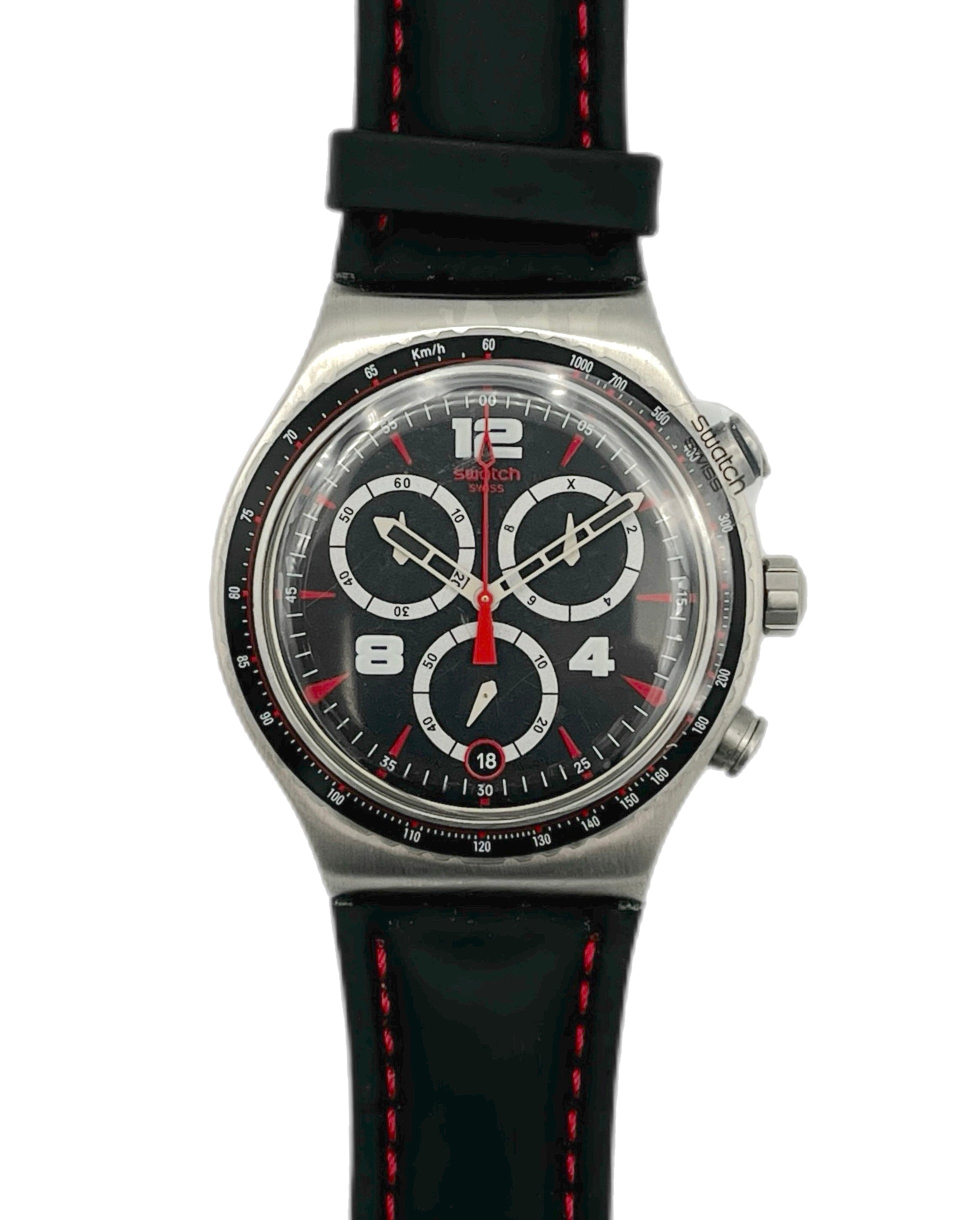 Swatch watch with black strap and red stitching on a white background