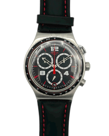 Swatch watch with black strap and red stitching on a white background