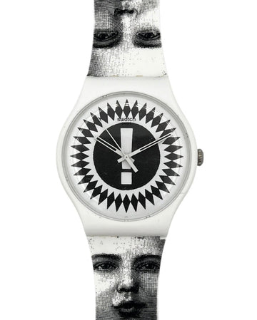 A Swatch wristwatch featuring a white case and strap with a black and white graphic print of faces. The watch dial is black with a white central bar and a black geometric border.