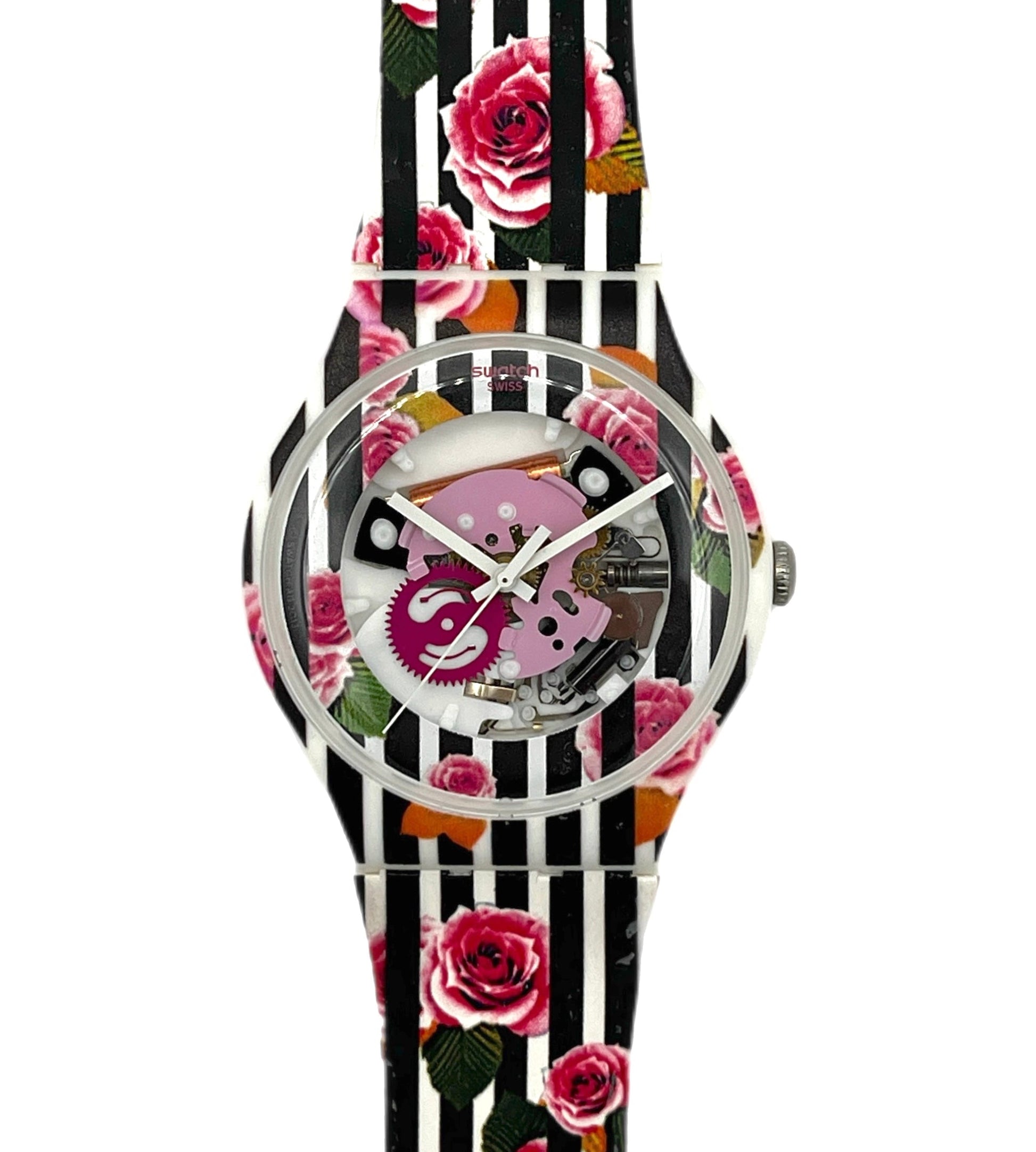 Watch with floral and striped strap on a white background