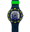 Wristwatch with blue strap and green accents on a white background