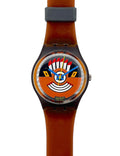 Watch with a brown strap and unique face design on a white background