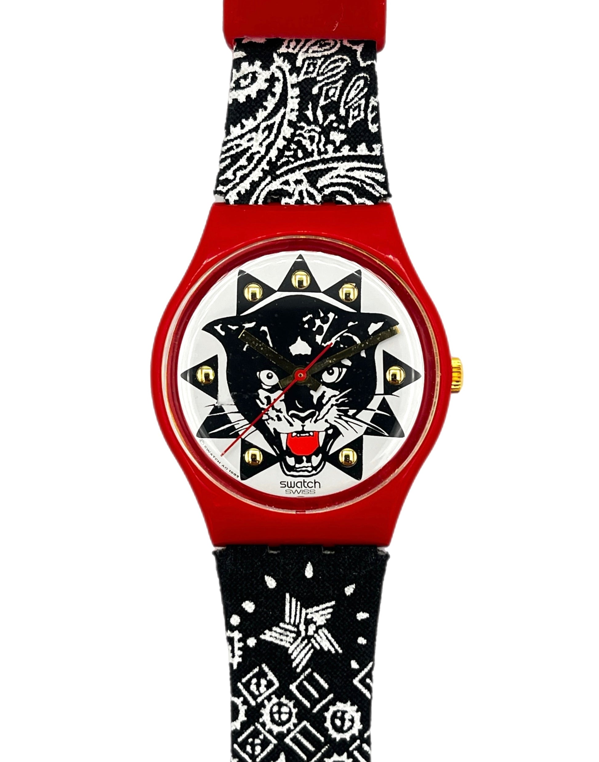 Watch with a red and black bandana-themed strap and a black panther design on the face.