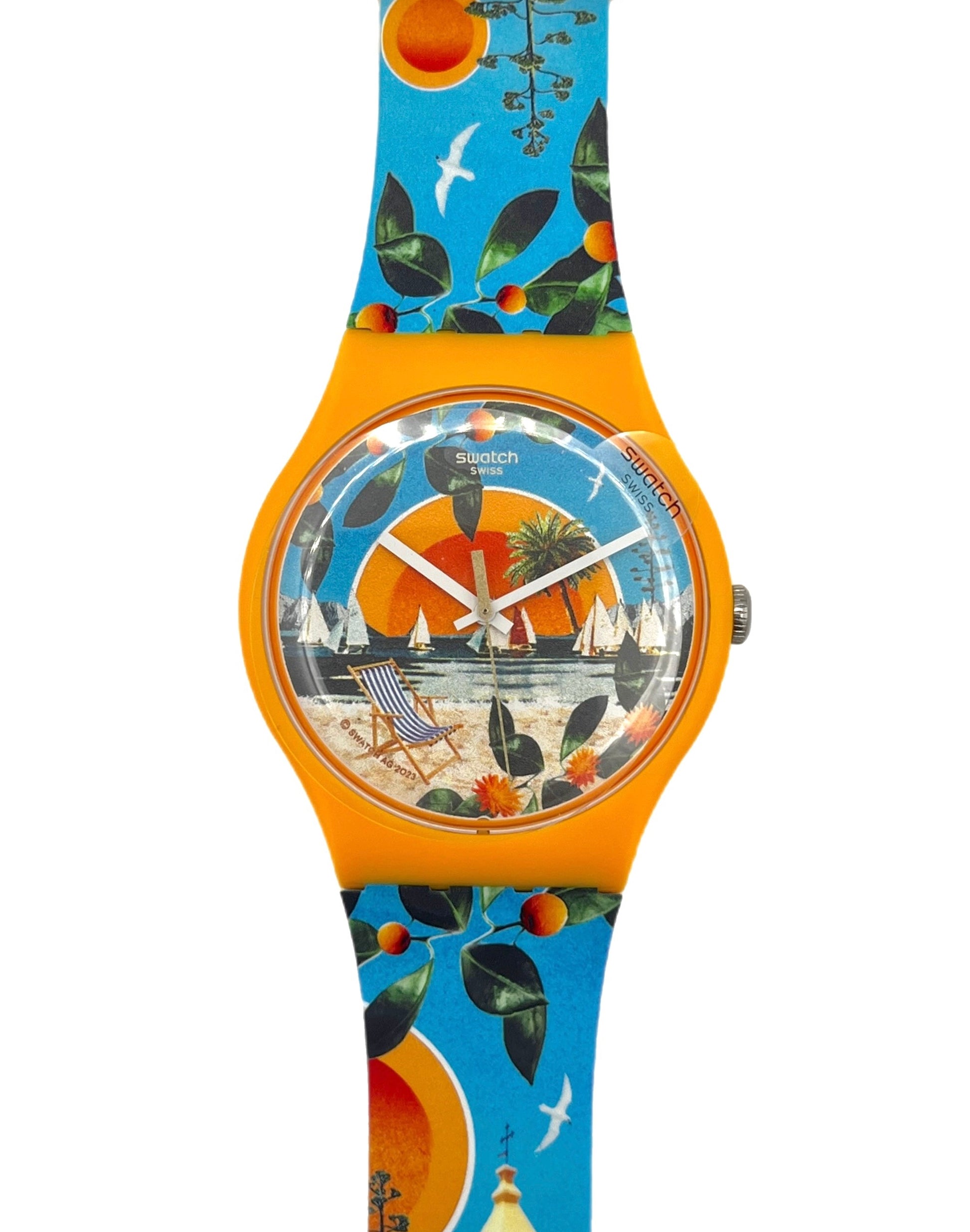 Colorful watch with a beach scene design on a white background