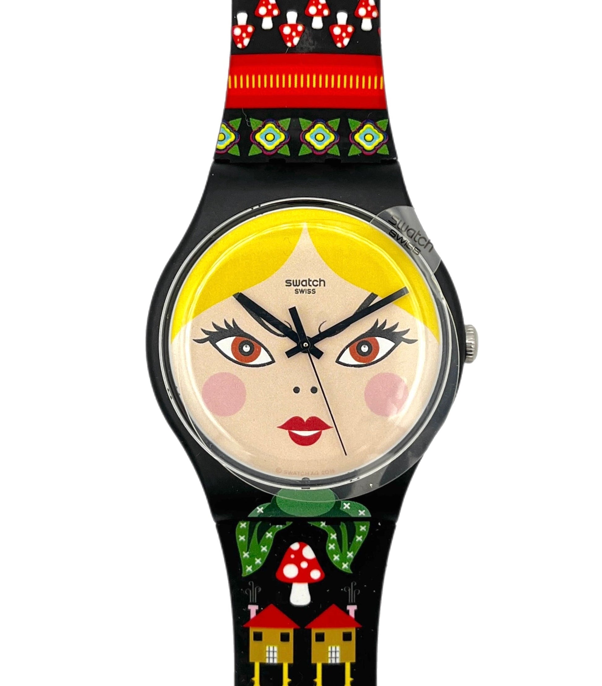 Swatch watch with a colorful face design on a white background