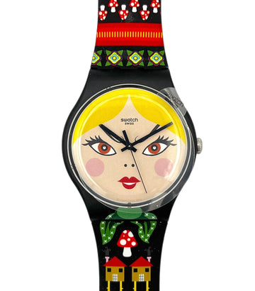 Swatch watch with a colorful face design on a white background