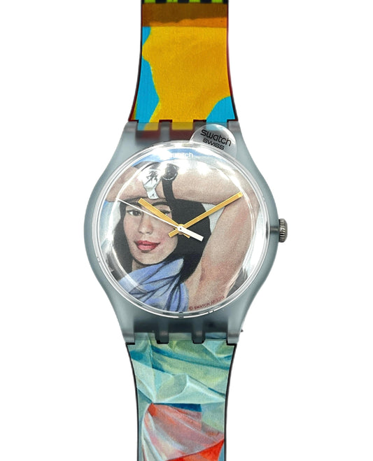 Colorful Swatch watch with a unique design on the strap