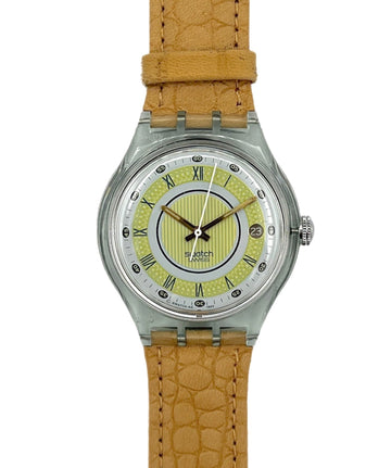 Watch with a yellow face and brown leather strap on a white background