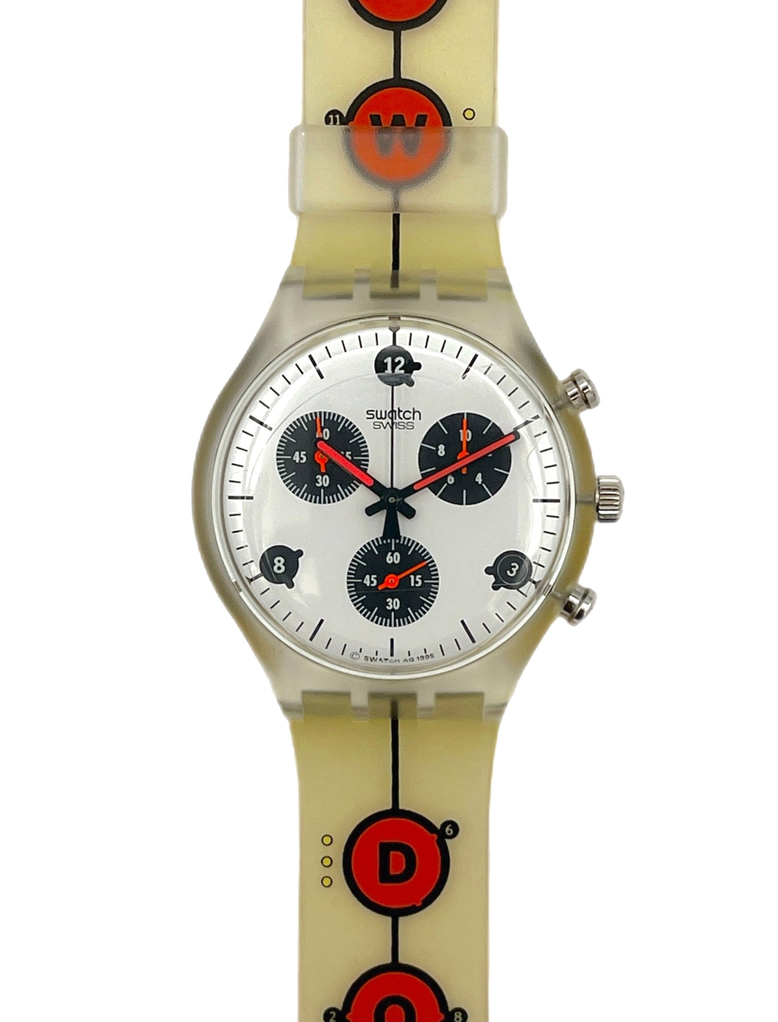 Swatch watch with a unique strap design on a white background