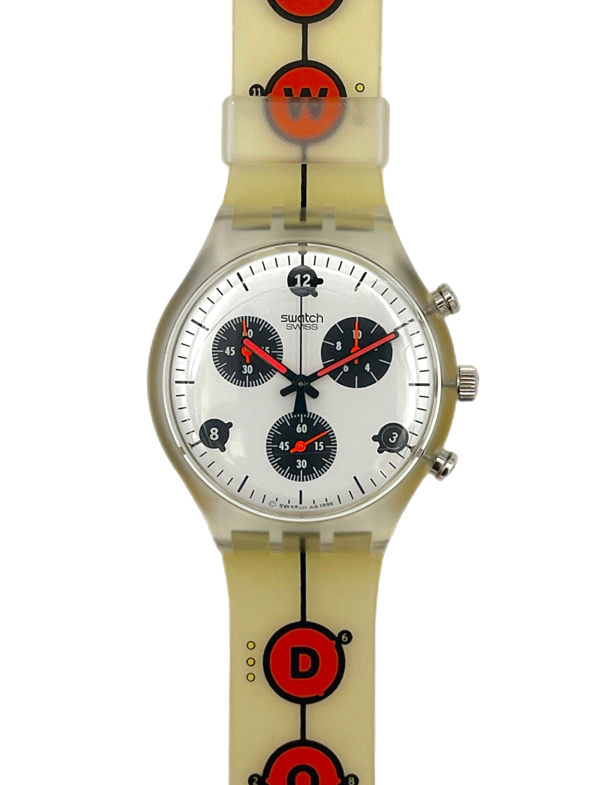 Swatch watch with a unique strap design on a white background