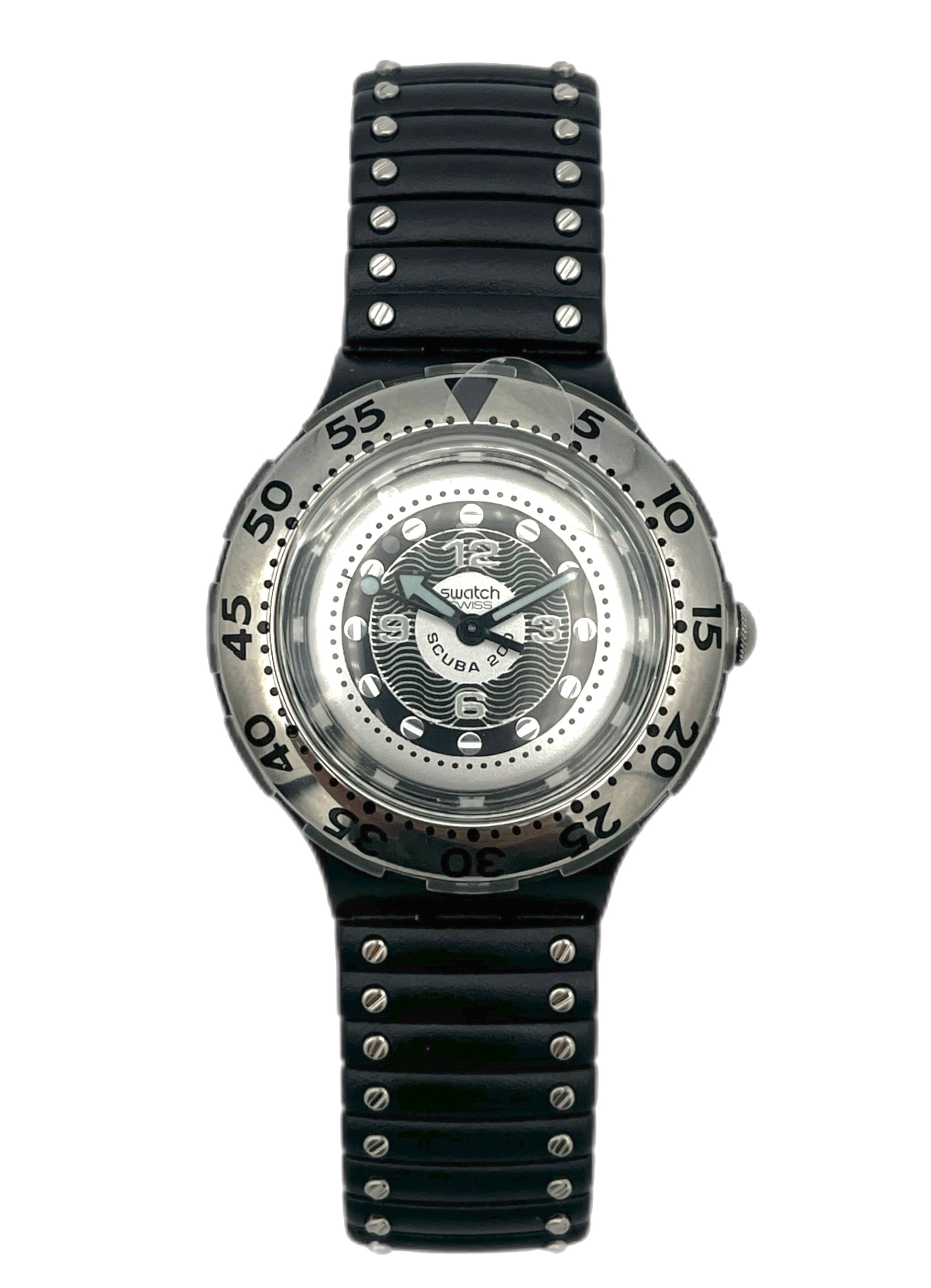 Black wristwatch with a silver dial on a white background
