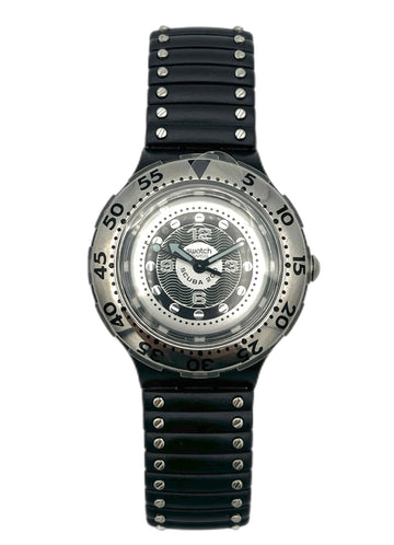 Black wristwatch with a silver dial on a white background