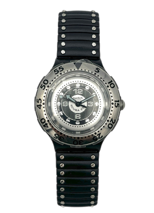 Black wristwatch with a silver dial on a white background