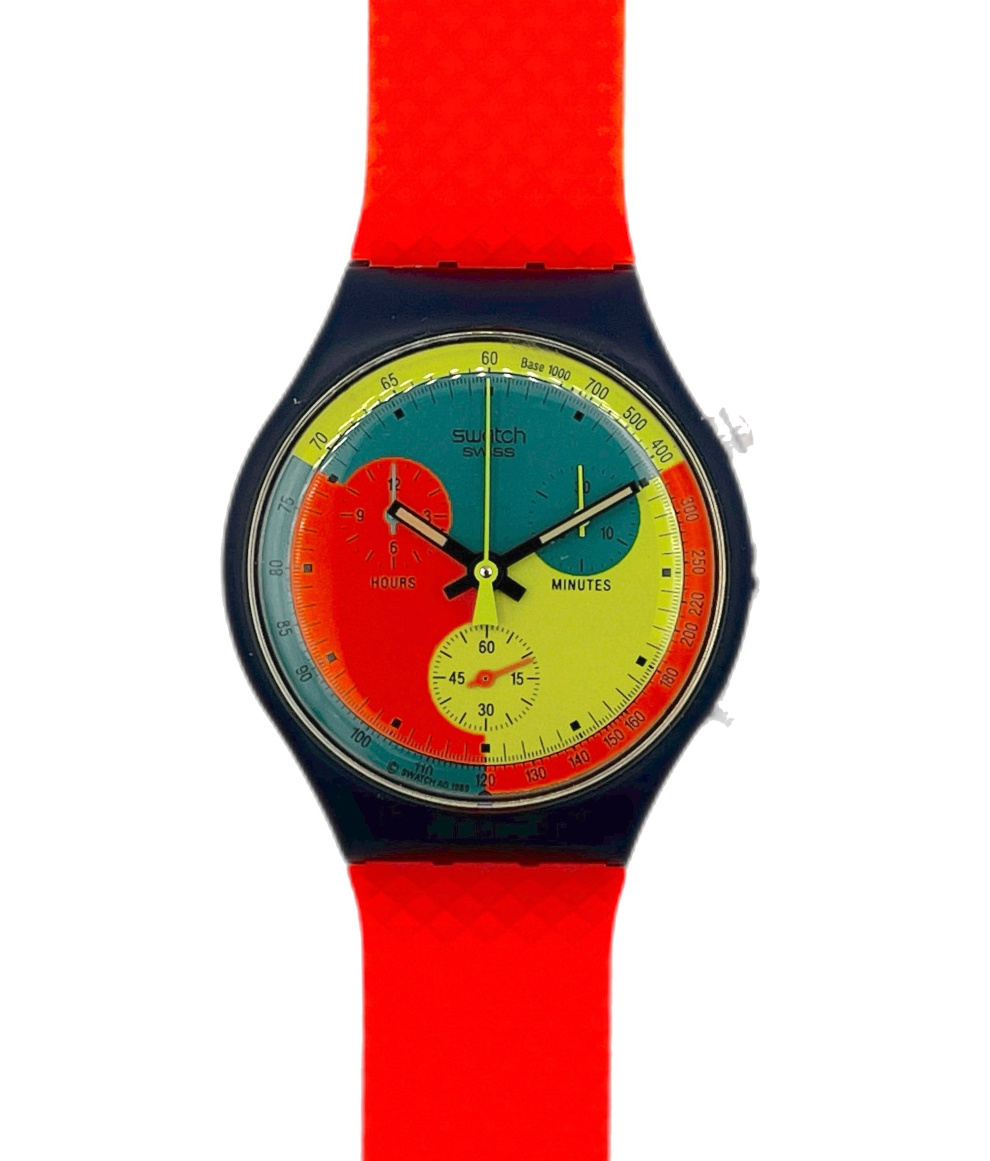 Colorful watch with a red strap on a white background