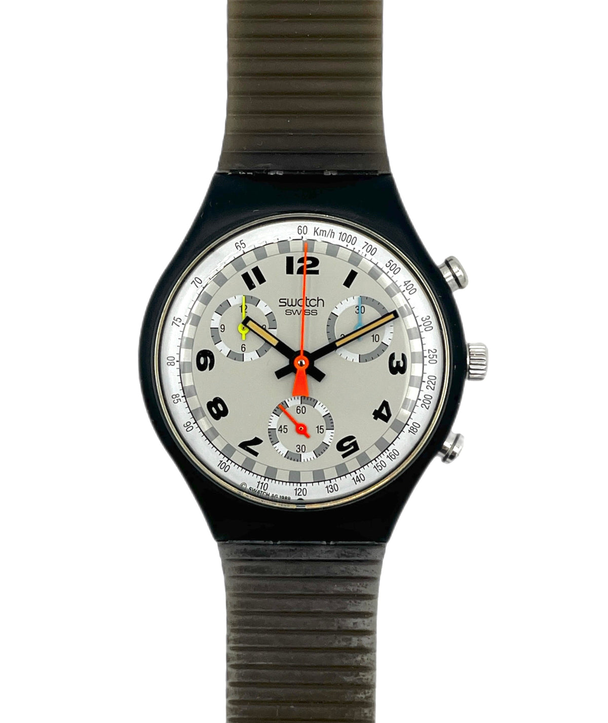 Swatch watch with a green strap on a white background