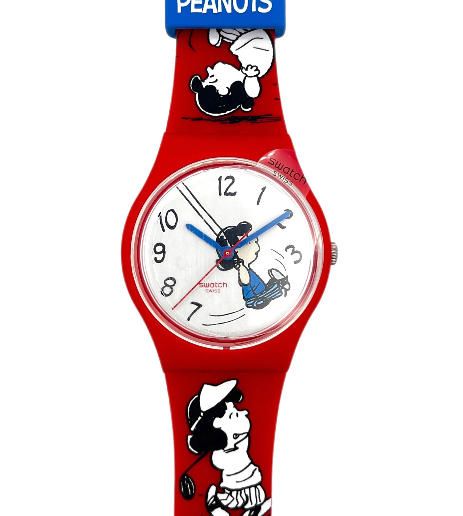 Red watch with cartoon characters on a white background