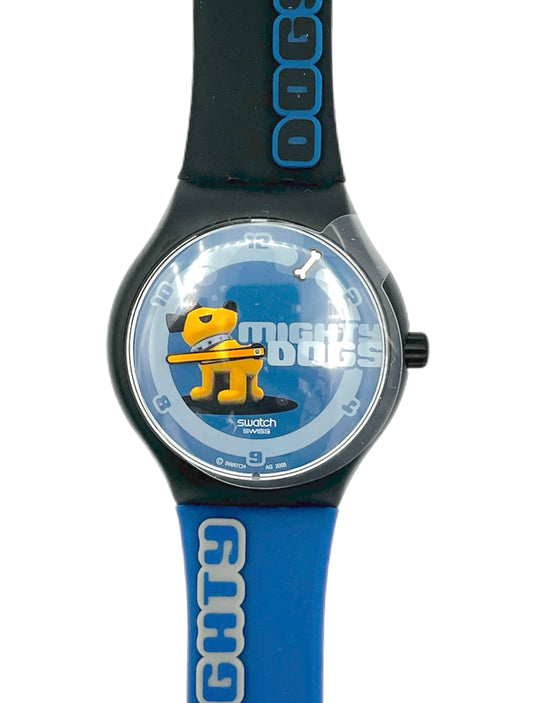 Watch with blue strap and black case featuring a cartoon dog design on a white background