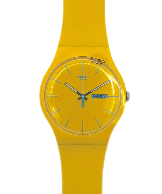 Yellow Swatch watch on a white background