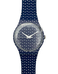 Swatch watch with navy blue polka dot strap on a white background