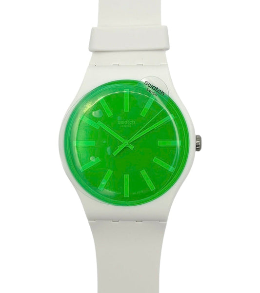 White Swatch watch with a green face on a white background