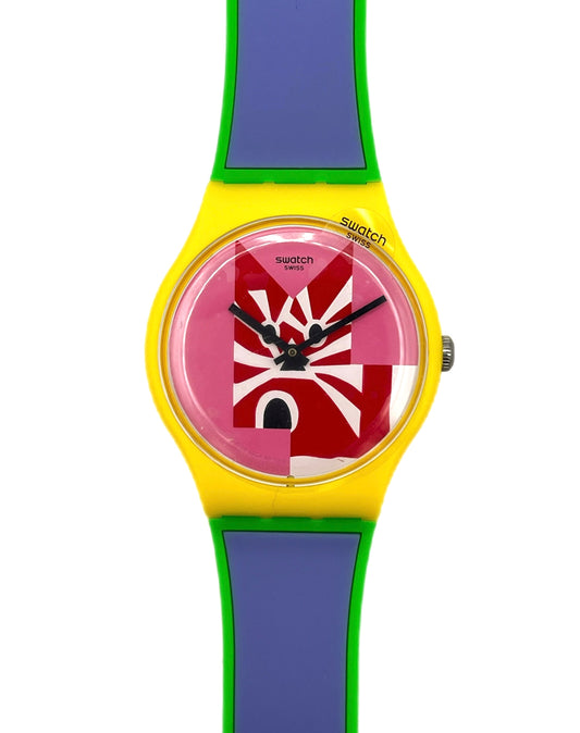 Colorful Swatch watch with a unique design on a white background