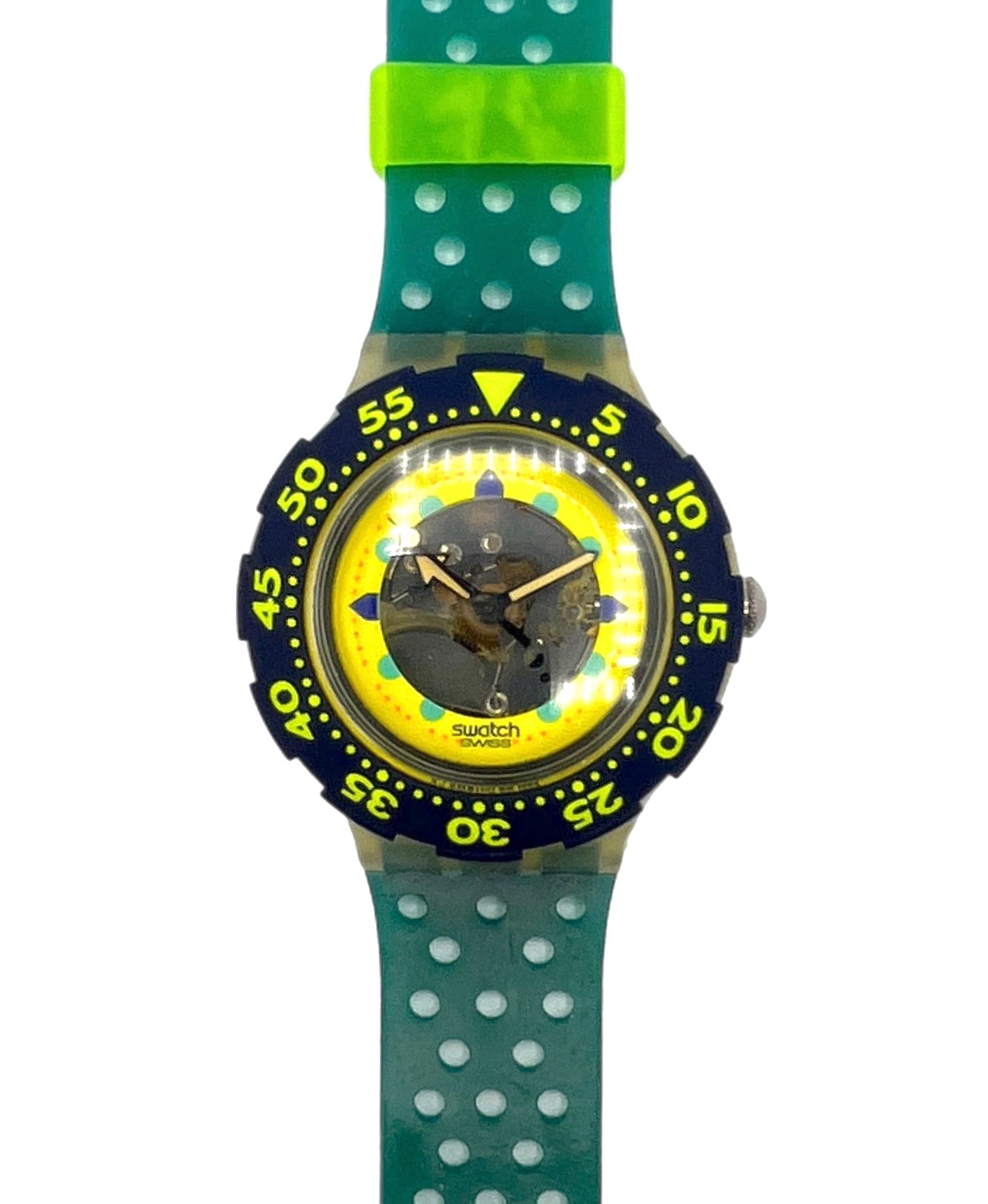 Swatch watch with green strap and yellow face on a white background