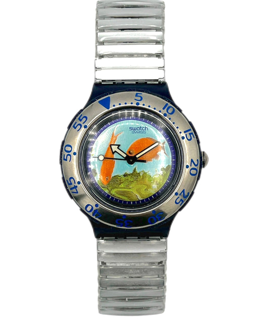 Watch with a colorful face and silver band on a white background