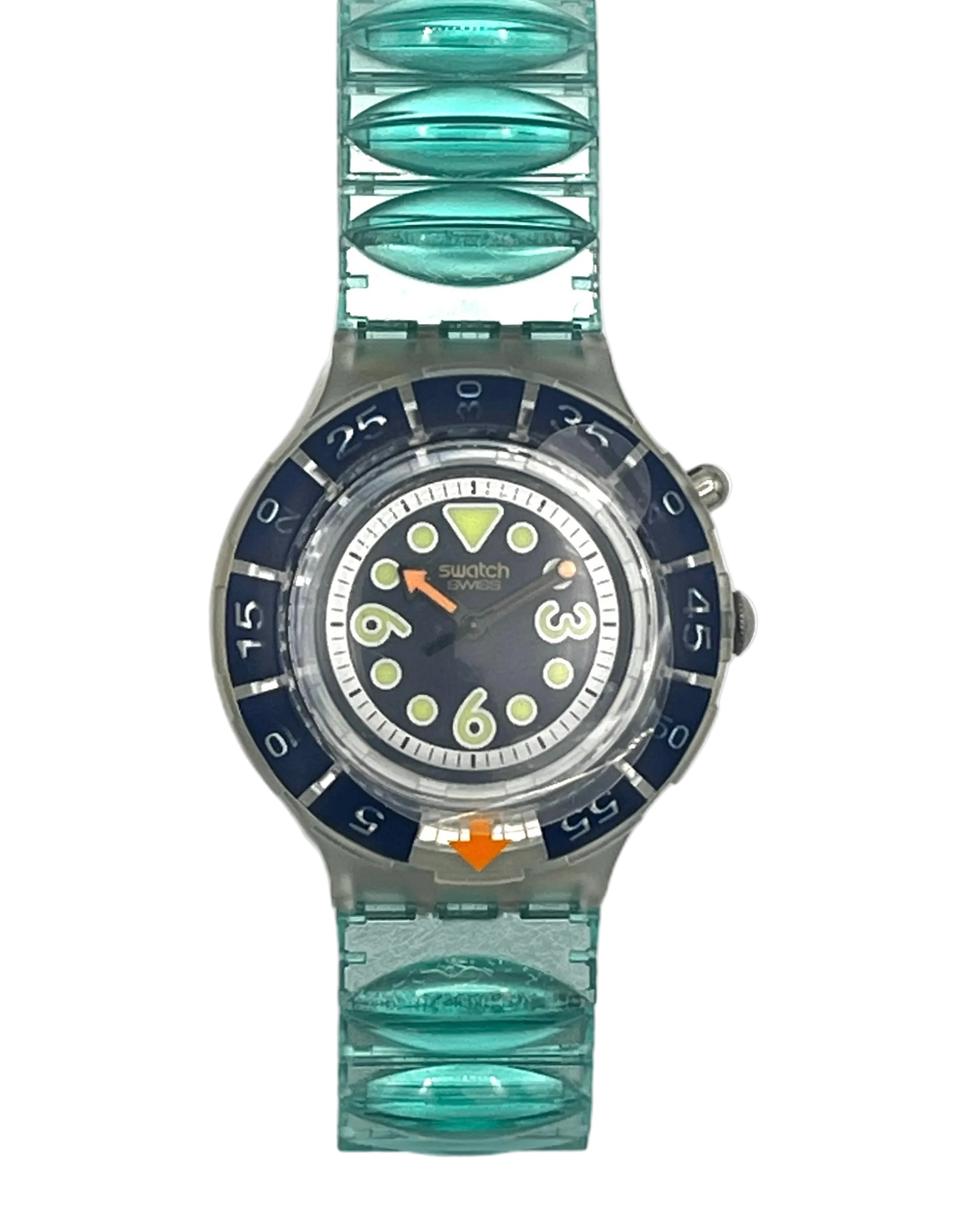 A Swatch wristwatch featuring a translucent aqua green silicone link strap and a dark blue bezel with a matching dial, shown against a plain white background.