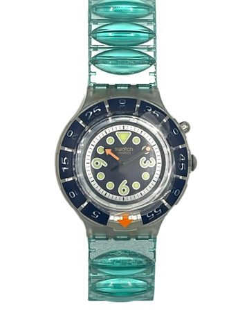 A Swatch wristwatch featuring a translucent aqua green silicone link strap and a dark blue bezel with a matching dial, shown against a plain white background.