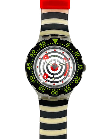 Wristwatch with a black and white striped strap on a white background