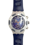 Swatch Swatch 62 wristwatch featuring a silver-tone stainless steel case, a dark blue dial with orange accents, and a dark blue silicone strap, shown against a plain white background.