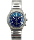 Silver watch with a blue face on a white background