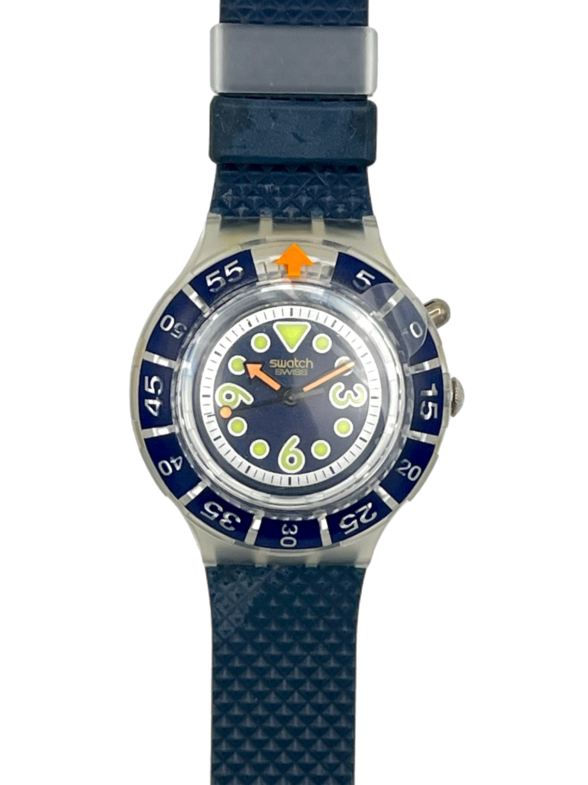 Swatch Swatch Speedo watch with a textured blue strap, blue dial, and blue bezel with white numerals and orange accents.
