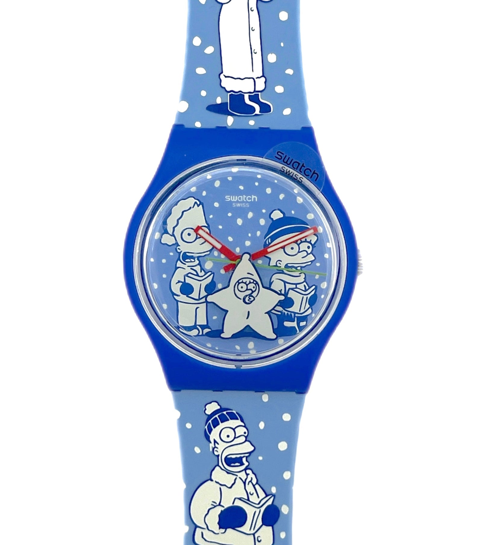 Swatch watch with cartoon character design on a blue background