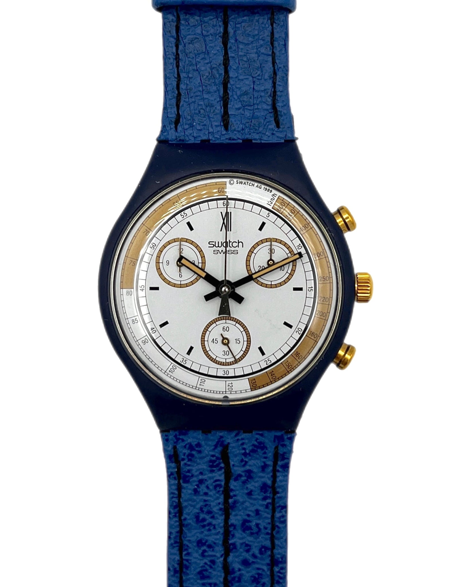 Swatch watch with blue strap and white face on a white background