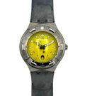 Watch with yellow dial and gray strap on white background