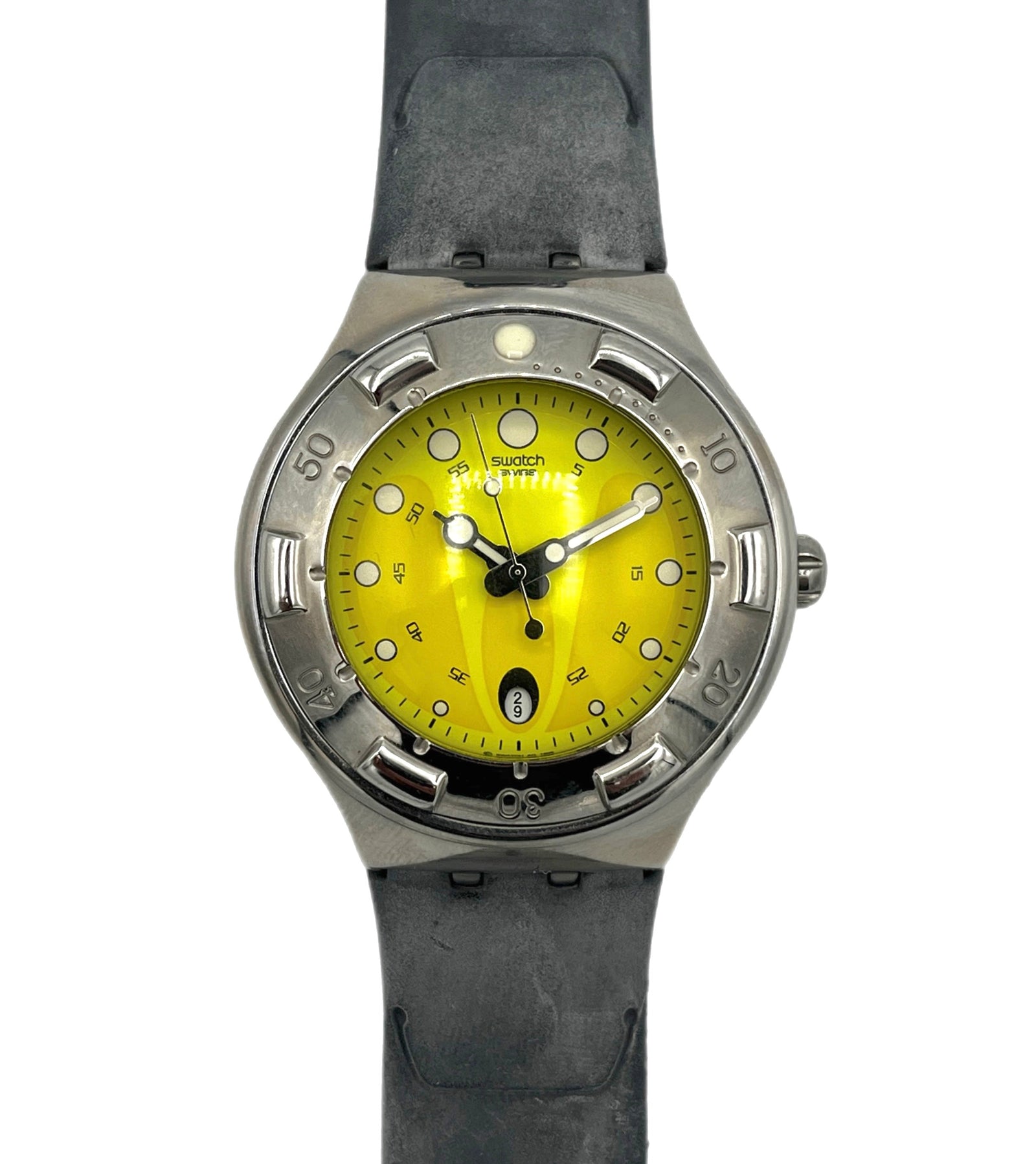 Watch with yellow dial and gray strap on white background