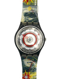 A Swatch wristwatch with a black case and a translucent strap featuring a colorful space-themed graphic print with stars, planets, and red starburst accents.