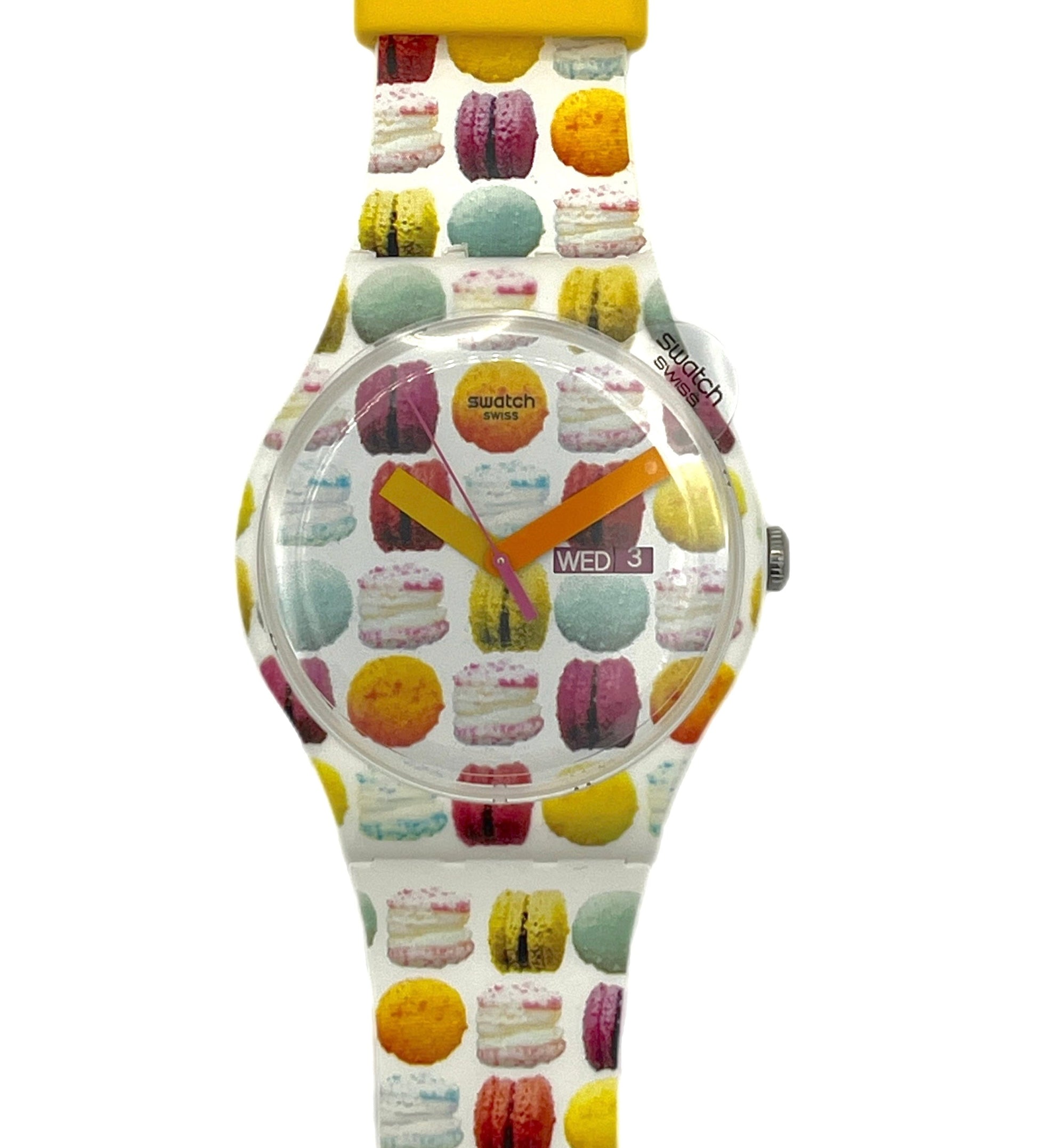 Watch with colorful macaron design on a white background