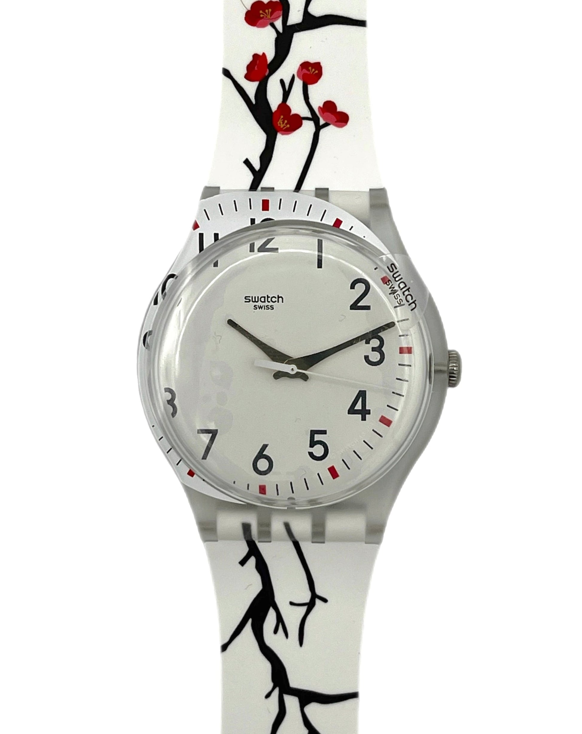 Swatch watch with a unique strap design on a white background