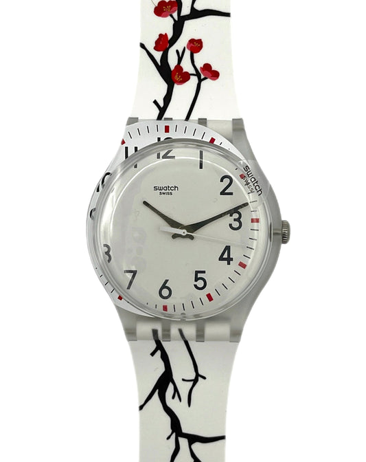 Swatch watch with a unique strap design on a white background