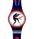 Swatch watch with a blue strap and white face featuring a graphic design, on a white background.