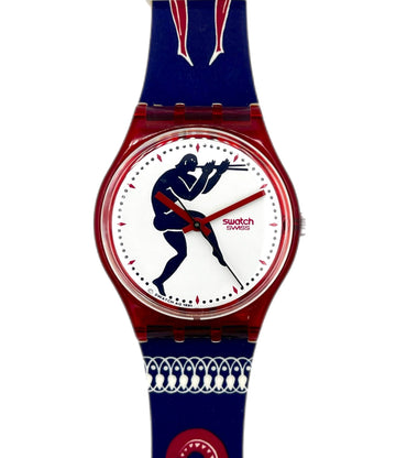 Swatch watch with a blue strap and white face featuring a graphic design, on a white background.