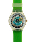 Watch with a green strap and transparent case on a white background